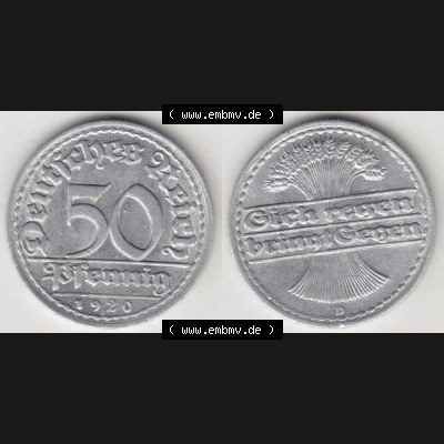 Weimarer Republik Umlaufmünze 1919-1922, 50 Pfennig D, 1920 Sich Regen Bringt Segen, Münzen Vollansicht Horizontal zum Download Sammlung