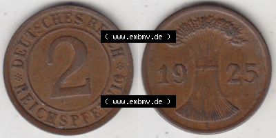 Weimarer Republik Umlaufmünze 1923-1936, 2 Reichspfennig E, 1925, Münzen Vollansicht Horizontal zum Download Sammlung
