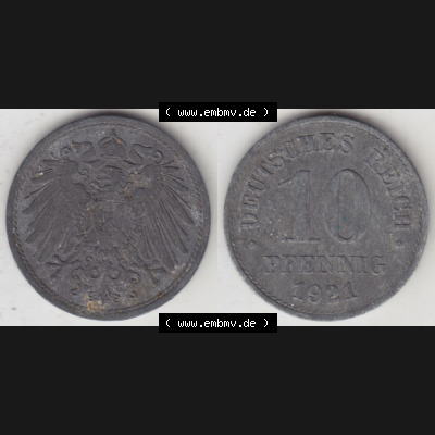 Weimarer Republik Umlaufmünze 1917-1922, 10 Pfennig Reichsadler, Keine Prägestätte 1921 II, Münzen Vollansicht Horizontal zum Download Sammlung