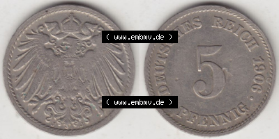 Deutsches Kaiserreich Umlaufmünze 1890-1915, 5 Pfennig J, 1906, Münzen Vollansicht Horizontal zum Download Sammlung