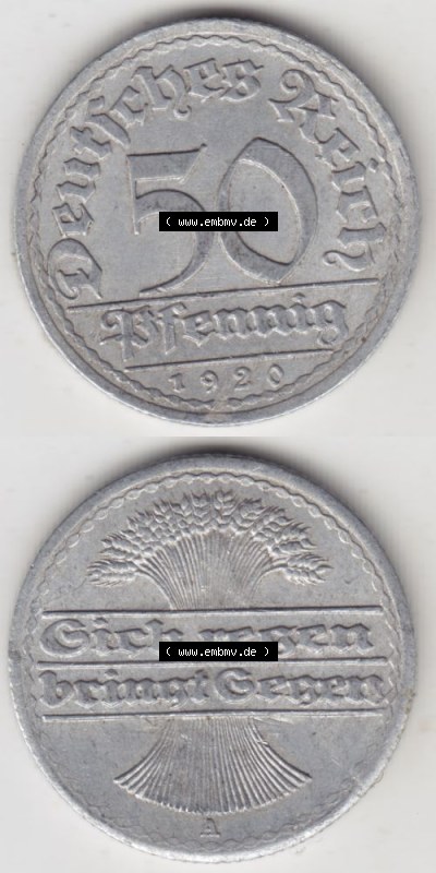 Weimarer Republik Umlaufmünze 1919-1922, 50 Pfennig A, 1920, Münzen Vollansicht Vertikal zum Download Sammlung