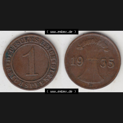 Deutsches Reich Umlaufmünze 1924-1936, 1 Reichspfennig D, 1935, Münzen Vollansicht Horizontal zum Download Sammlung