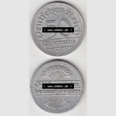 Weimarer Republik Umlaufmünze 1919-1922, 50 Pfennig A, 1920, Münzen Vollansicht Vertikal zum Download Sammlung