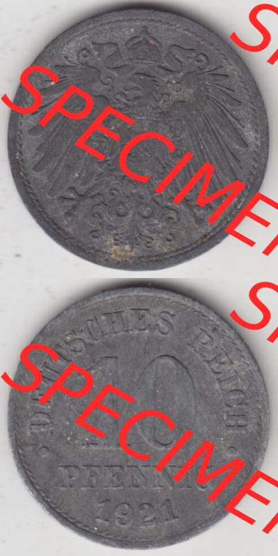 Weimarer Republik Umlaufmünze 1917-1922, 10 Pfennig Reichsadler, Keine Prägestätte 1921 II, Münzen Vollansicht Vertikal zum Download Sammlung