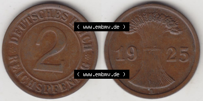 Weimarer Republik Umlaufmünze 1924-1936, 2 Reichspfennig A, 1925, Münzen Vollansicht Horizontal zum Download Sammlung