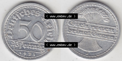 Weimarer Republik Umlaufmünze 1919-1922, 50 Pfennig J, Münzen Vollansicht Horizontal zum Download Sammlung