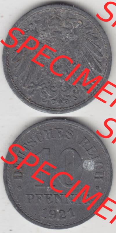 Weimarer Republik Umlaufmünze 1917-1922, 10 Pfennig Reichsadler, Keine Prägestätte 1921 I., Münzen Vollansicht Vertikal zum Download Sammlung