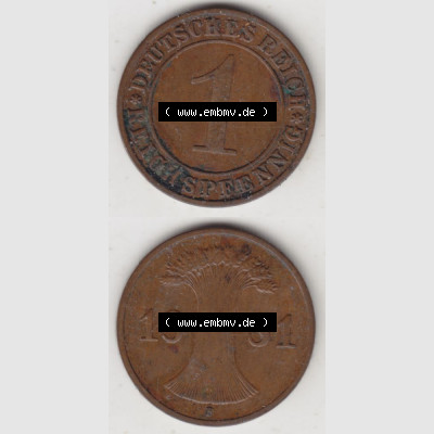 Weimarer Republik Umlaufmünze 1924-1938, 1 Reichspfennig E, 1931, Münzen Vollansicht Vertikal zum Download Sammlung