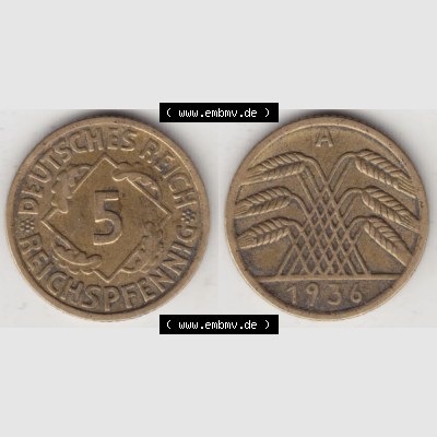 Deutsches Reich Umlaufmünze 1924-1936, 5 Reichspfennig A, 1936, Münzen Vollansicht Horizontal zum Download Sammlung