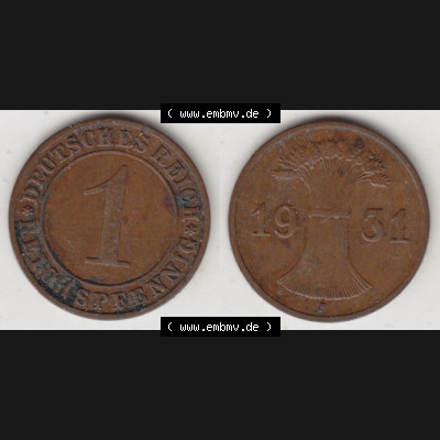 Weimarer Republik Umlaufmünze 1924-1938, 1 Reichspfennig E, 1931, Münzen Vollansicht Horizontal zum Download Sammlung