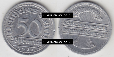 Weimarer Republik Umlaufmünze 1919-1922, 50 Pfennig F, 1921, Münzen Vollansicht Horizontal zum Download Sammlung