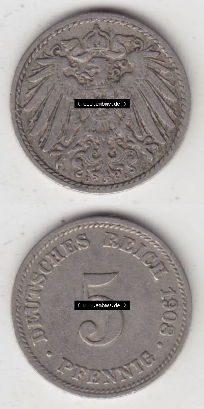 Deutsches Kaiserreich Umlaufmünze 1890-1915, 5 Pfennig D, 1908, Münzen Vollansicht Vertikal zum Download Sammlung