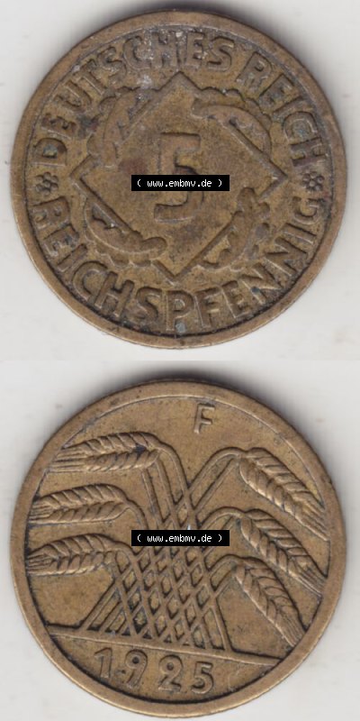 Weimarer Republik Umlaufmünze 1924-1936, 5 Reichspfennig F, 1925, Münzen Vollansicht Vertikal zum Download Sammlung