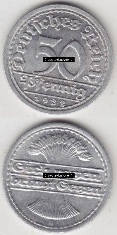 Weimarer Republik Umlaufmünze 1919-1922, 50 Pfennig G, 1922 Sich Regen Bringt Segen, Münzen Vollansicht Vertikal zum Download... Sammlung