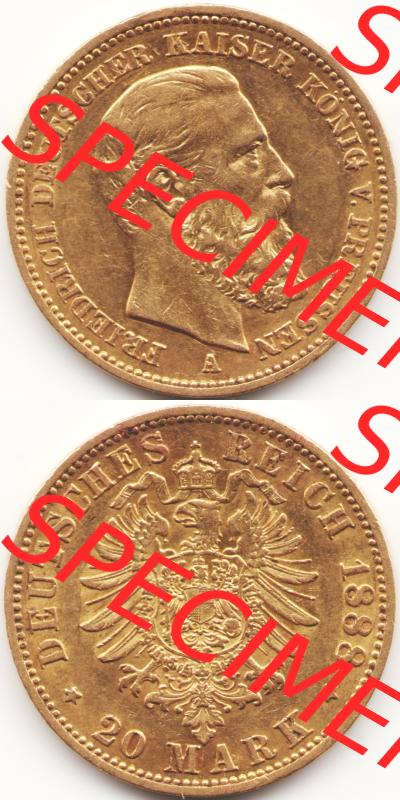 Goldmünze Kaiserreich 1888-1888, 20 Mark Friedrich III., Münzen Vollansicht Vertikal zum Download Sammlung