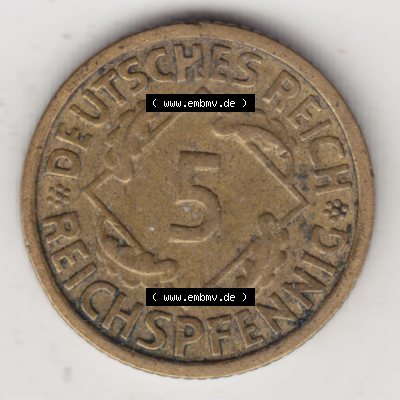 Deutsches Reich Umlaufmünze 1924-1936, 5 Reichspfennig D, 1936, Münzen Vorderseite zum Download Sammlung