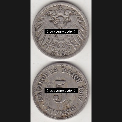 Deutsches Kaiserreich Umlaufmünze 1890-1915, 5 Pfennig A, 1907 II, Münzen Vollansicht Vertikal zum Download Sammlung