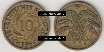 Weimarer Republik Umlaufmünze 1924-1936, 10 Reichspfennig A, 1924, Münzen Vollansicht Horizontal zum Download Sammlung
