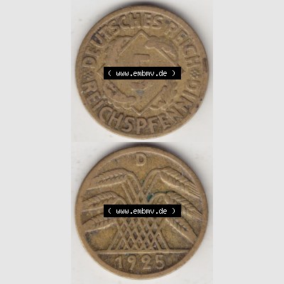 Weimarer Republik Umlaufmünze 1924-1936, 5 Reichspfennig D, 1925, Münzen Vollansicht Vertikal zum Download Sammlung