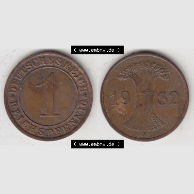 Weimarer Republik Umlaufmünze 1924-1936, 1 Reichspfennig A, 1932, Münzen Vollansicht Horizontal zum Download Sammlung