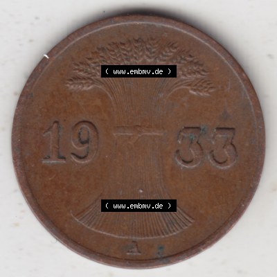 Deutsches Reich Umlaufmünze 1924-1936, 1 Reichspfennig A, 1933 II, Münzen Rückseite zum Download Sammlung