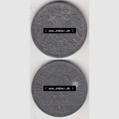 Weimarer Republik Umlaufmünze 1917-1922, 10 Pfennig Reichsadler, Keine Prägestätte 1921 I., Münzen Vollansicht Vertikal zum Download Sammlung