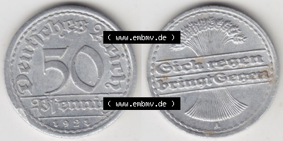 Weimarer Republik Umlaufmünze 1919-1922, 50 Pfennig A, 1921, Münzen Vollansicht Horizontal zum Download Sammlung