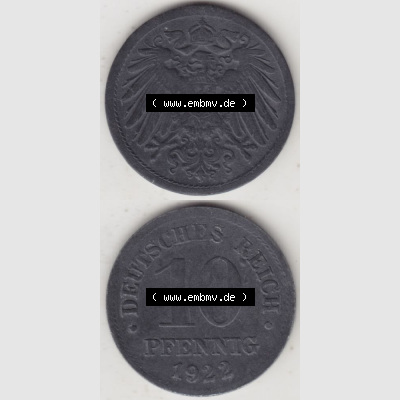 Weimarer Republik Umlaufmünze 1917-1922, 10 Pfennig kein Mzz. 1922, Münzen Vollansicht Vertikal zum Download Sammlung