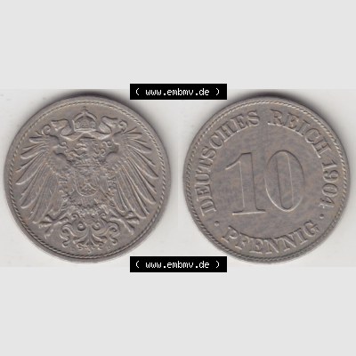 Deutsches Kaiserreich Umlaufmünze 1890-1916, 10 Pfennig D, 1904, Münzen Vollansicht Horizontal zum Download Sammlung