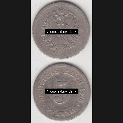 Deutsches Kaiserreich Umlaufmünze 1874-1889, 5 Pfennig J, 1876, Münzen Vollansicht Vertikal zum Download Sammlung