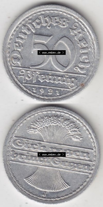 Weimarer Republik Umlaufmünze 1919-1922, 50 Pfennig J, Münzen Vollansicht Vertikal zum Download für Mobile-Geräte Sammlung