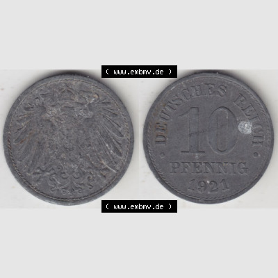 Weimarer Republik Umlaufmünze 1917-1922, 10 Pfennig Reichsadler, Keine Prägestätte 1921 I., Münzen Vollansicht Horizontal zum Download Sammlung