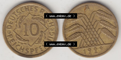 Weimarer Republik Umlaufmünze 1924-1936, 10 Reichspfennig A, 1929, Münzen Vollansicht Horizontal zum Download Sammlung