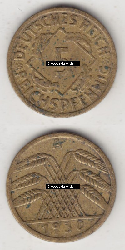 Weimarer Republik Umlaufmünze 1924-1936, 5 Reichspfennig A, 1930, Münzen Vollansicht Vertikal zum Download Sammlung