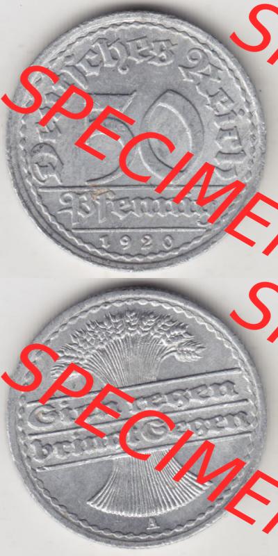 Weimarer Republik Umlaufmünze 1919-1922, 50 Pfennig A, 1920 Sich Regen Bringt Segen, Münzen Vollansicht Vertikal zum Download für Mobile-Geräte Sammlung