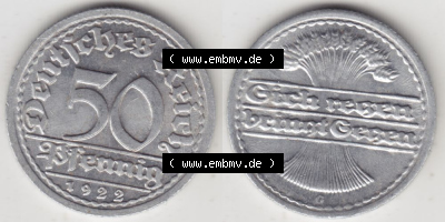 Weimarer Republik Umlaufmünze 1919-1922, 50 Pfennig G, 1922 Sich Regen Bringt Segen, Münzen Vollansicht Horizontal zum Download Sammlung