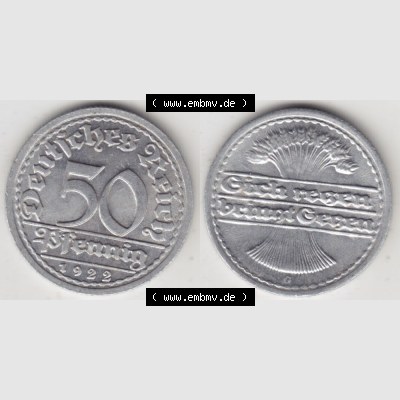 Weimarer Republik Umlaufmünze 1919-1922, 50 Pfennig G, 1922 Sich Regen Bringt Segen, Münzen Vollansicht Horizontal zum Download Sammlung
