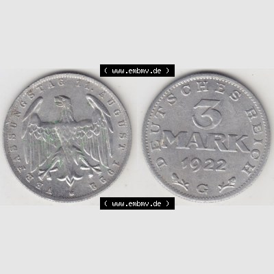 Weimarer Republik Umlaufmünze 1922-1923, 3 Mark G, 1923 Verfassungstag 11. August 1922, Münzen Vollansicht Horizontal zum Download Sammlung
