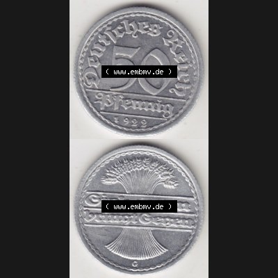 Weimarer Republik Umlaufmünze 1919-1922, 50 Pfennig G, 1922 Sich Regen Bringt Segen III, Münzen Vollansicht Vertikal zum Download für Mobile-Geräte Sammlung