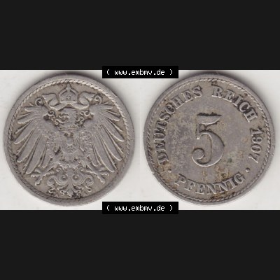 Deutsches Kaiserreich Umlaufmünze 1890-1915, 5 Pfennig A, 1907 II, Münzen Vollansicht Horizontal zum Download Sammlung