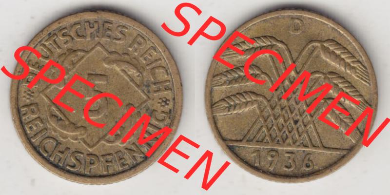 Deutsches Reich Umlaufmünze 1924-1936, 5 Reichspfennig D, 1936, Münzen Vollansicht Horizontal zum Download Sammlung