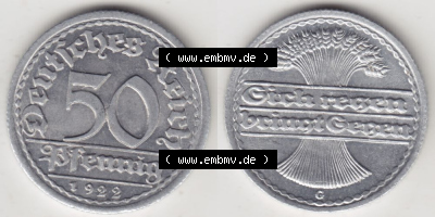 Weimarer Republik Umlaufmünze 1919-1922, 50 Pfennig G, 1922 Sich Regen Bringt Segen III, Münzen Vollansicht Horizontal zum Download Sammlung