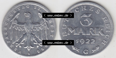 Weimarer Republik Umlaufmünze 1922-1923, 3 Mark G Verfassungstag 11. August 1922, Münzen Vollansicht Horizontal zum Download Sammlung