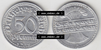 Weimarer Republik Umlaufmünze 1919-1922, 50 Pfennig D, 1920 Sich Regen Bringt Segen, Münzen Vollansicht Horizontal zum Download Sammlung