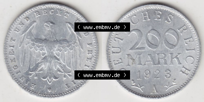 Weimarer Republik Umlaufmünze 1923-1923, 200 Mark A, 1923 I., Münzen Vollansicht Horizontal zum Download Sammlung