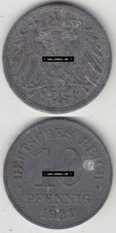 Weimarer Republik Umlaufmünze 1917-1922, 10 Pfennig Reichsadler, Keine Prägestätte 1921 I., Münzen Vollansicht Vertikal zum... Sammlung