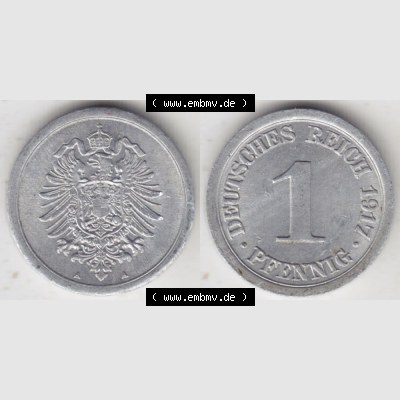 Deutsches Kaiserreich Umlaufmünze 1916-1918, 1 Pfennig A 1917 I., Münzen Vollansicht Horizontal zum Download Sammlung