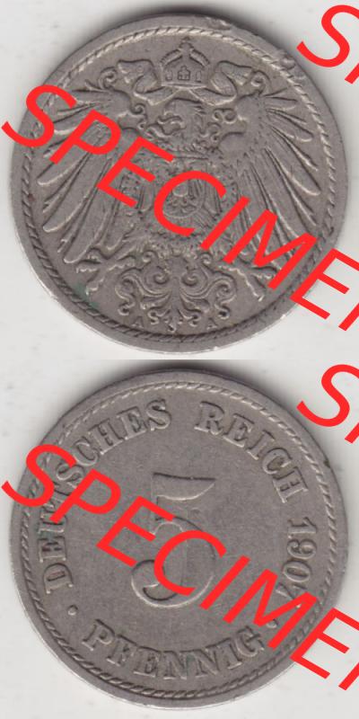 Deutsches Kaiserreich Umlaufmünze 1890-1915, 5 Pfennig A, 1907 I., Münzen Vollansicht Vertikal zum Download Sammlung