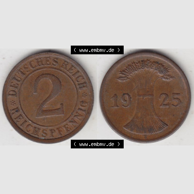 Weimarer Republik Umlaufmünze 1923-1936, 2 Reichspfennig E, 1925, Münzen Vollansicht Horizontal zum Download Sammlung
