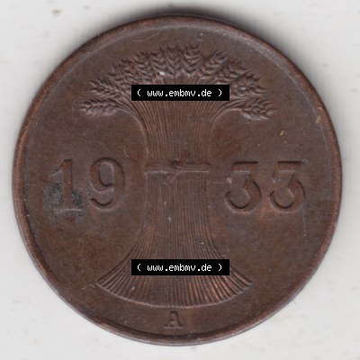 Deutsches Reich Umlaufmünze 1924-1936, 1 Reichspfennig A, 1933 I, Münzen Rückseite zum Download Sammlung